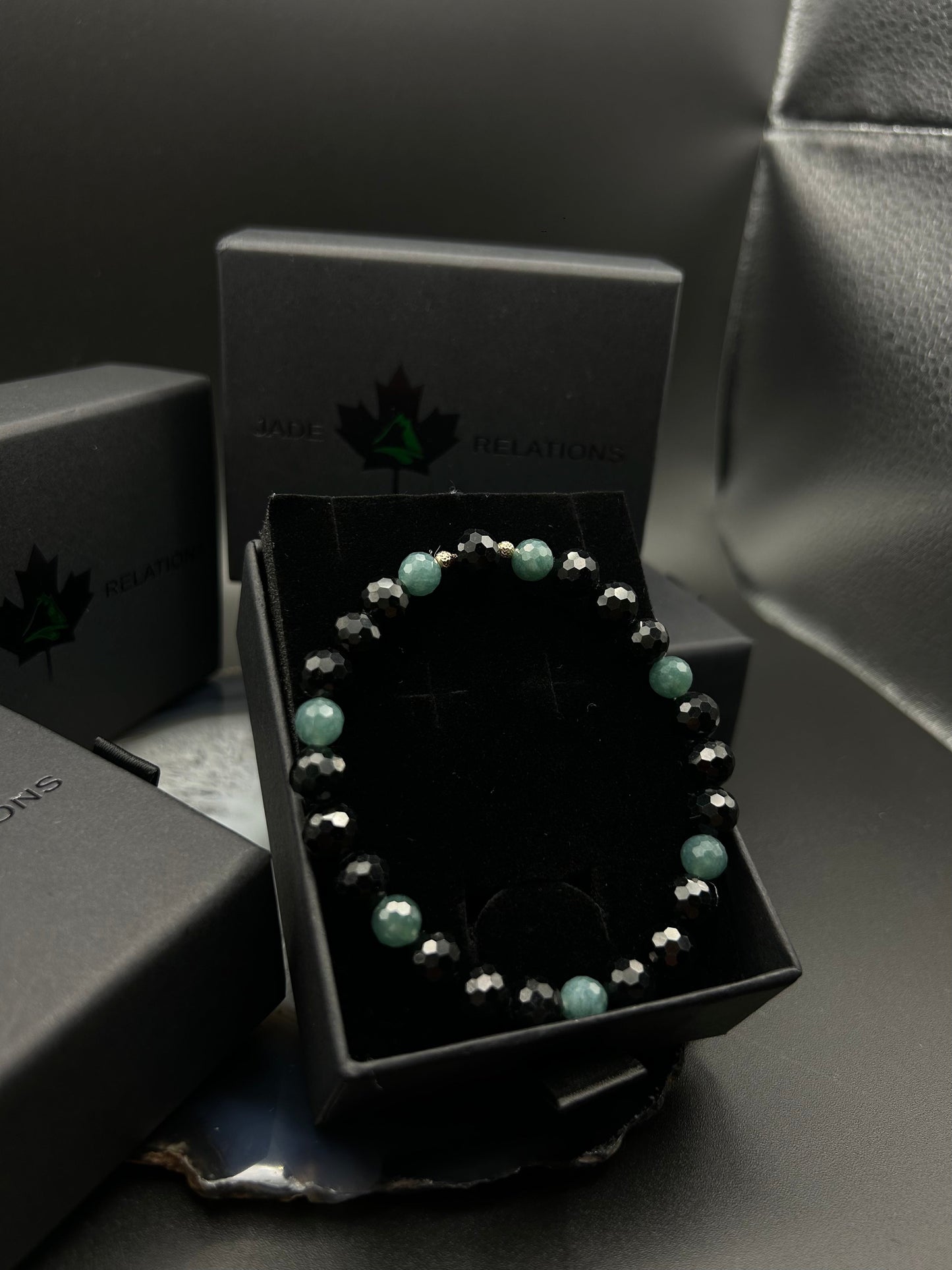 *    Blue and Black Jade Diamond Cut Bracelet with Solid 14K gold !!new!!