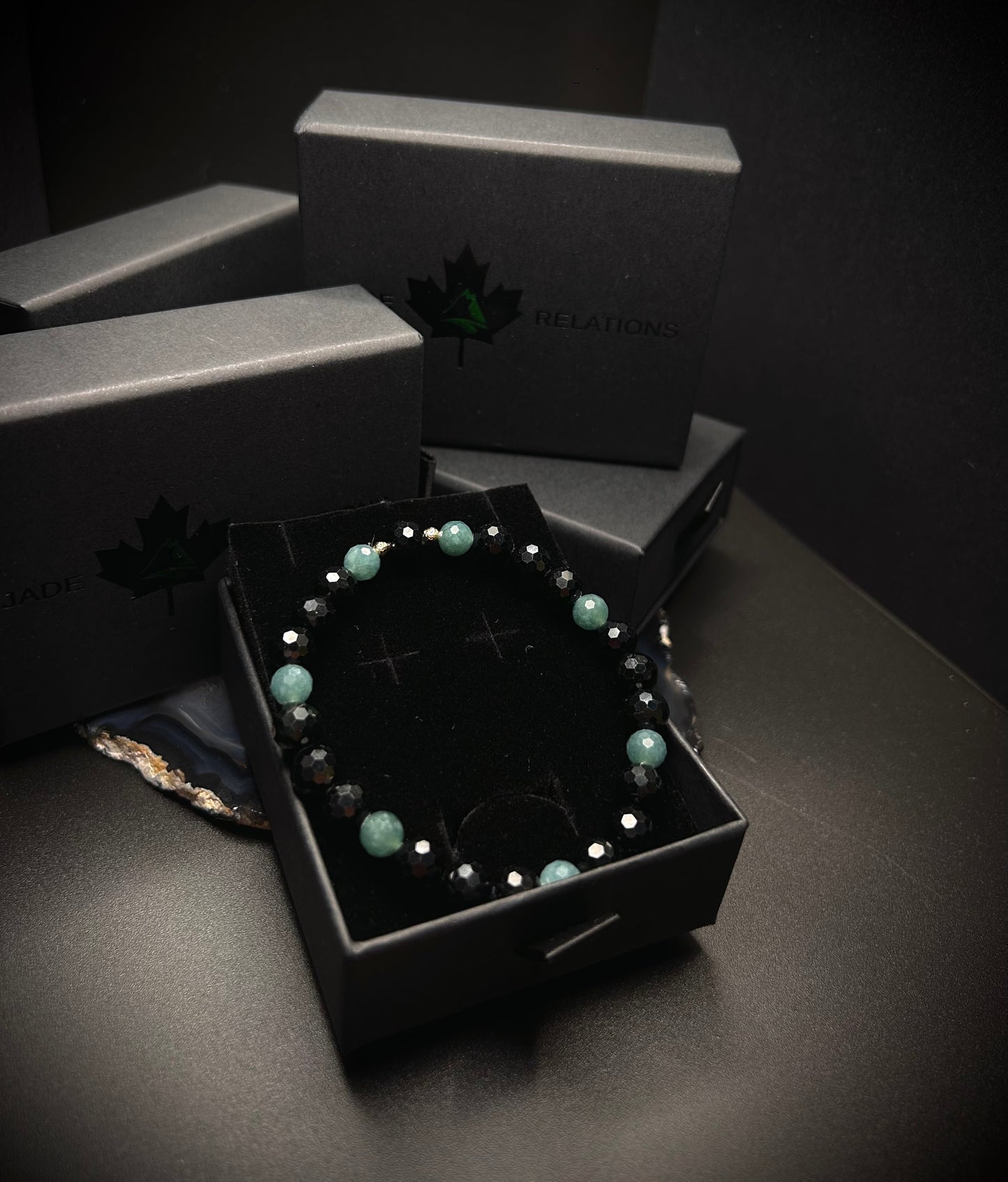 *    Blue and Black Jade Diamond Cut Bracelet with Solid 14K gold !!new!!